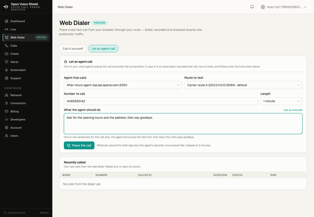 The Web Dialer page in the customer portal switched to Let an agent call: the agent that calls, the route to test, the number, the length and a one-line instruction for the agent, with a Place the call button.