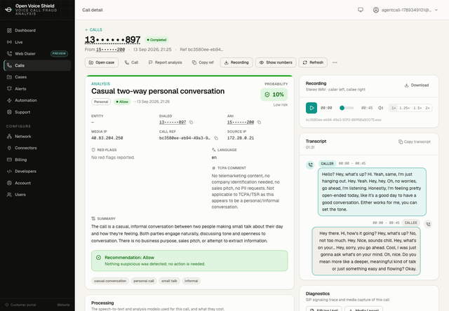 The call page of an agent-backed test call in the customer portal: origin test, a verdict, and the transcript with the caller agent on one side and the answering agent on the other. Phone numbers are masked.