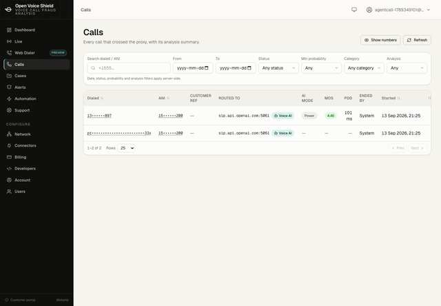 The Calls page listing the two legs of an agent-backed test call: the target leg with a verdict and the agent leg without one.