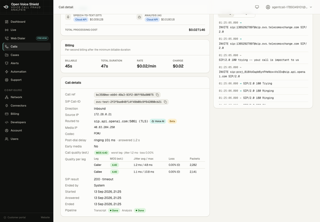 The lower half of the same call page: processing cost, billing for the target leg, call details with the route to the voice agent over TLS, per-leg quality with estimated MOS, jitter, loss and packet counts for both legs, and the SIP ladder.
