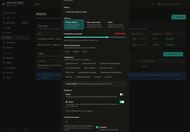 The alert rule dialog with its Deliver to section: an Email switch turned off and a Slack switch turned on, posting to the connected channel, above the throttle and the Enabled checkbox.