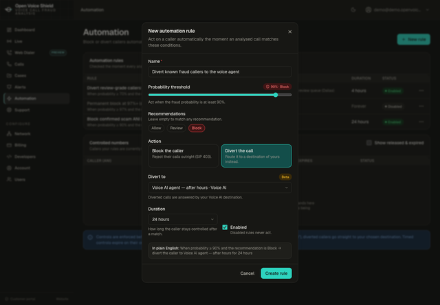 The new automation rule dialog in the customer portal: a probability threshold slider at 90 percent, recommendation chips, the action Divert the call selected, a Voice AI destination chosen under Divert to, a duration of 24 hours, and a plain-English summary of the rule.