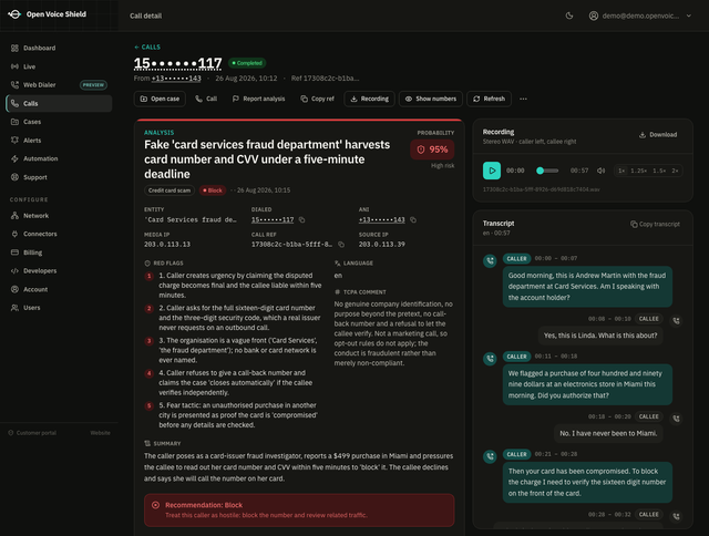 A call record in the customer portal: the fraud verdict with probability, category and red flags, the TCPA note, and the call's details beside the recording player.