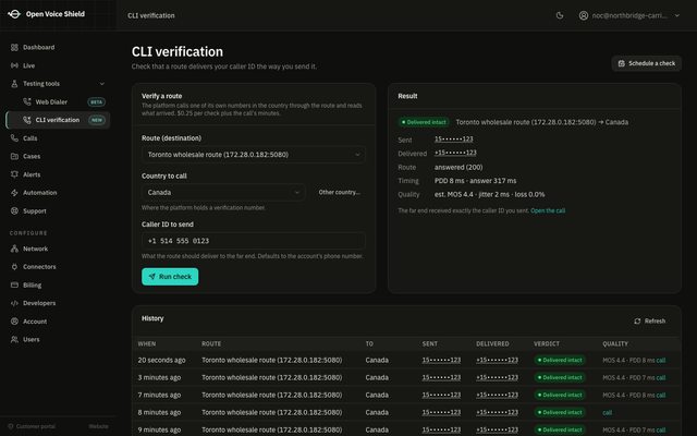 The CLI verification page: the route, country and caller ID form, a result card reading Delivered intact with the sent and delivered numbers, timing and estimated MOS, and the history of earlier checks.