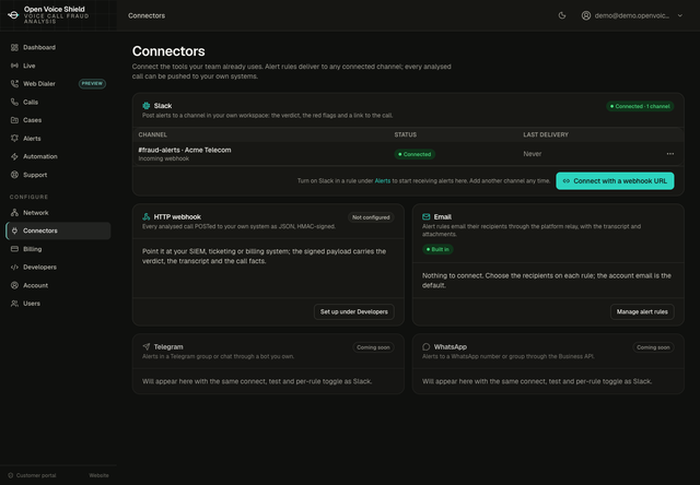 The Connectors page of the customer portal: a Slack card listing a connected channel with its status and last delivery, a button to connect another channel, and cards for the HTTP webhook, email, and the Telegram and WhatsApp connectors marked coming soon.