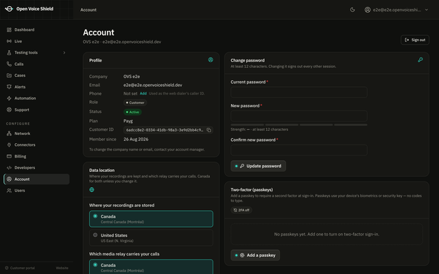 The Account page in the customer portal with the Data location card: two groups of choices, where your recordings are stored and which media relay carries your calls, each listing Canada and the United States, a Save button, and a note that call records, transcripts and analyses stay in the platform database in Canada.