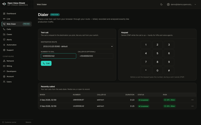 The Web Dialer page of the customer portal: a destination route selector, a number to dial, the caller ID filled in from the account's phone number, a Call button, a keypad, and a Recently called table listing two completed calls with their duration and risk verdict.