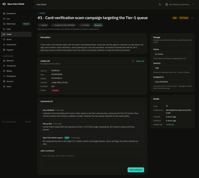 A fraud case: the linked call and its risk verdict, the severity and status, the assigned reviewer, and a comment thread between team members.