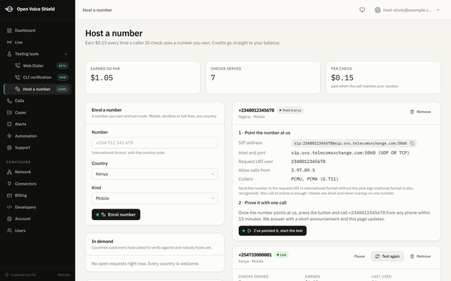 The Host a number page of the customer portal: earnings so far, checks served and the per-check rate; an enrol form; a Nigerian number waiting to be pointed with its SIP address, host and port, request URI user, the source address to allow and the codecs, and an I've pointed it button; below it a live Kenyan number with checks served and earnings.