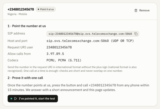 The pointing card for an enrolled number: the SIP address to point it at with a copy button, the host and port, the request URI user, the source address to allow, the codecs, and the button that starts the one-call test.