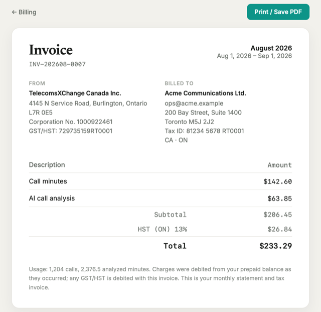 An Open Voice Shield monthly invoice in the customer portal: the seller and billed-to details, a table of call minutes and AI analysis fees, a subtotal, GST/HST and the total, with a Print / Save PDF button.