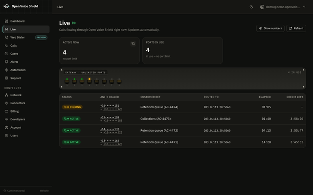 The Live calls page: a gateway-style port bank with one indicator per licensed port, lit for calls in progress, above a table of the calls currently up with their caller, destination and elapsed time.