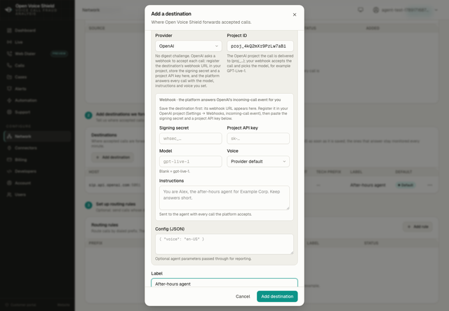 The Add a destination dialog with kind Voice AI, provider OpenAI, the project id, and the voice and instructions fields.