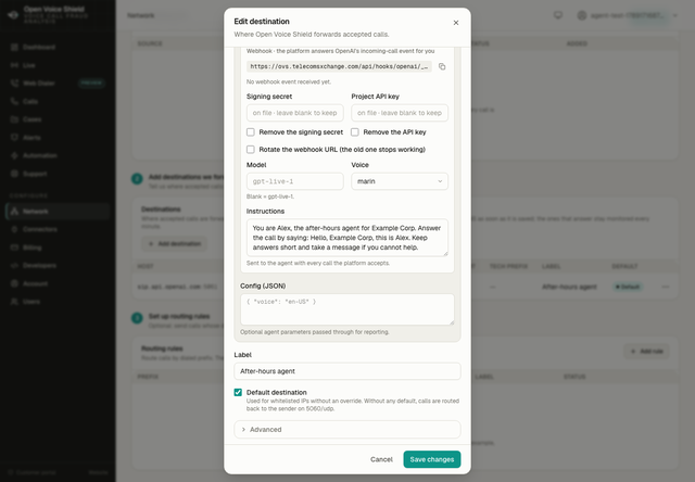 The Edit destination dialog showing the webhook URL with a copy button, the signing secret and API key on file, and the agent settings.