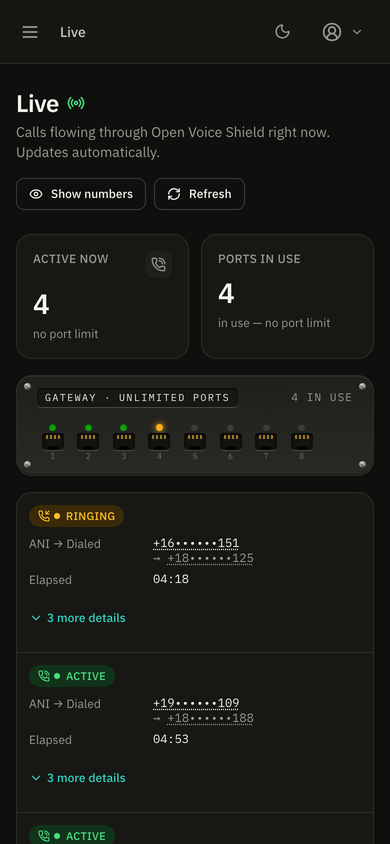 The Live page on a phone: 3 of 24 ports in use, the port bank with three lit indicators, and the in-progress calls listed with ANI, dialled number and elapsed time.