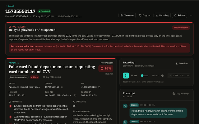 A route alert on a call record: early answer detected, with the seconds of ringback heard after the 200 OK and the leg it was measured on.