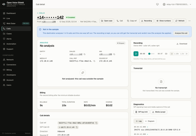 A call page in the customer portal with a notice reading Not in the sample, explaining that the destination analyzes 1 in N calls and this one was left out, with an Analyse this call button. Phone numbers on the page are masked.