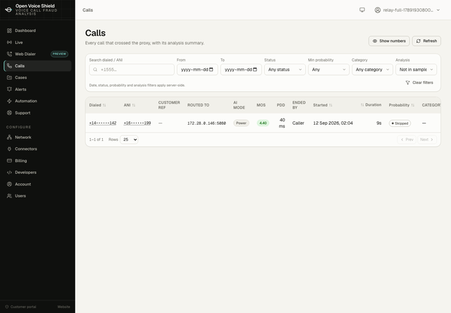 The Calls page with the Analysis filter set to Not in sample, listing the calls the sampling policy left out.