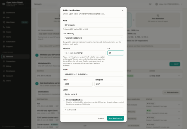 The Add a destination dialog in the customer portal with Call handling on Full analysis, the Analyse select set to 1 in N calls, and the field 1 in set to 25, with a note explaining that the rest are recorded and can be analyzed on demand.