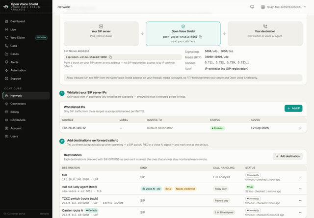 The destinations table on the Network page: one row shows a badge reading 1 in 25 analyzed in the Call handling column, next to rows set to full analysis, record only and relay only.