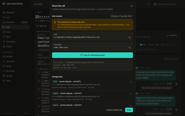 The Share this call dialog over a call detail: a warning that the password is shown only now and is stored hashed, the generated link, a twelve-character grouped password, a Copy for WhatsApp/email button, a ready-made message containing the link, password and expiry, and a Manage links list showing an active link labelled Carrier dispute with its creation time, expiry and view count.