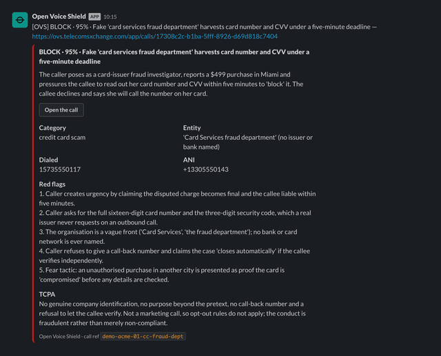 A Slack message from the Open Voice Shield app: a red-edged card headed BLOCK · 95% · Fake 'card services fraud department' harvests card number and CVV under a five-minute deadline, the summary, an Open the call button, the category, entity, dialed number and ANI, five numbered red flags, the TCPA comment and the call reference.