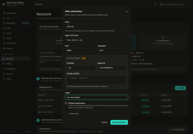 The Add a destination dialog in the customer portal with kind set to Voice AI: agent SIP host sip.voice.x.ai, port 5061, transport TLS, the agent ID +15145550123 and the label xAI voice agent.